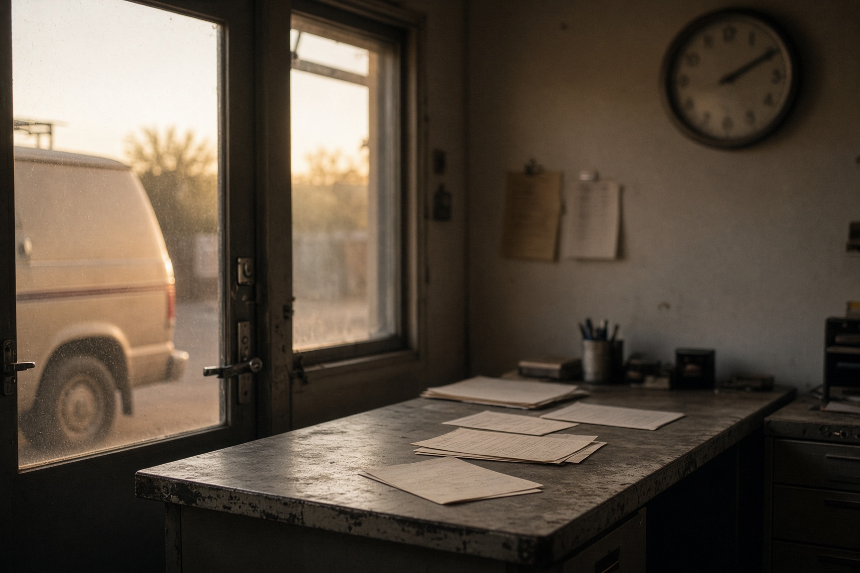 A small trade shop office at dawn, a metal desk and a service van beyond the glass.