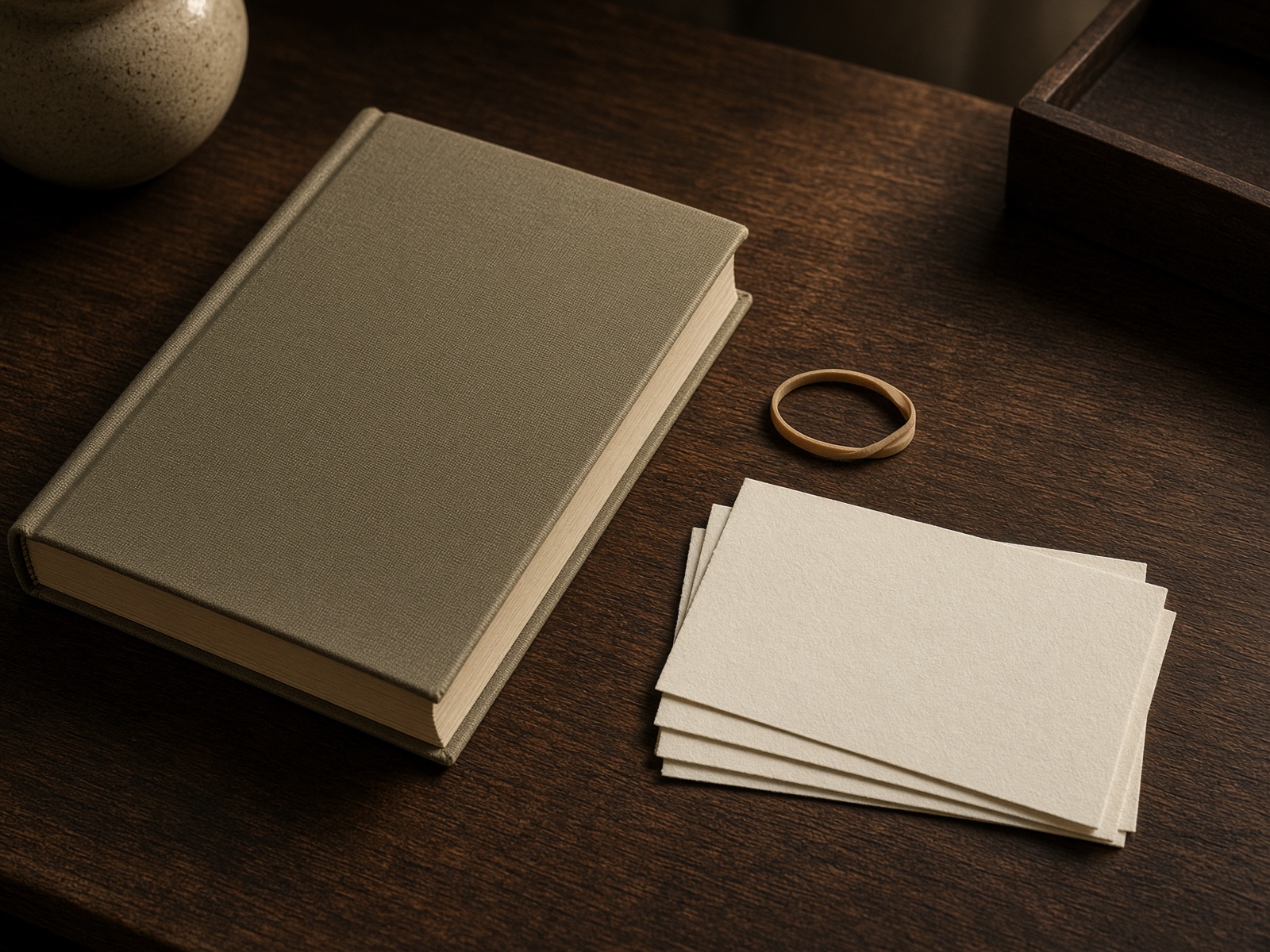 A cloth-bound ledger and a small stack of receipt paper on a dark wood desk.