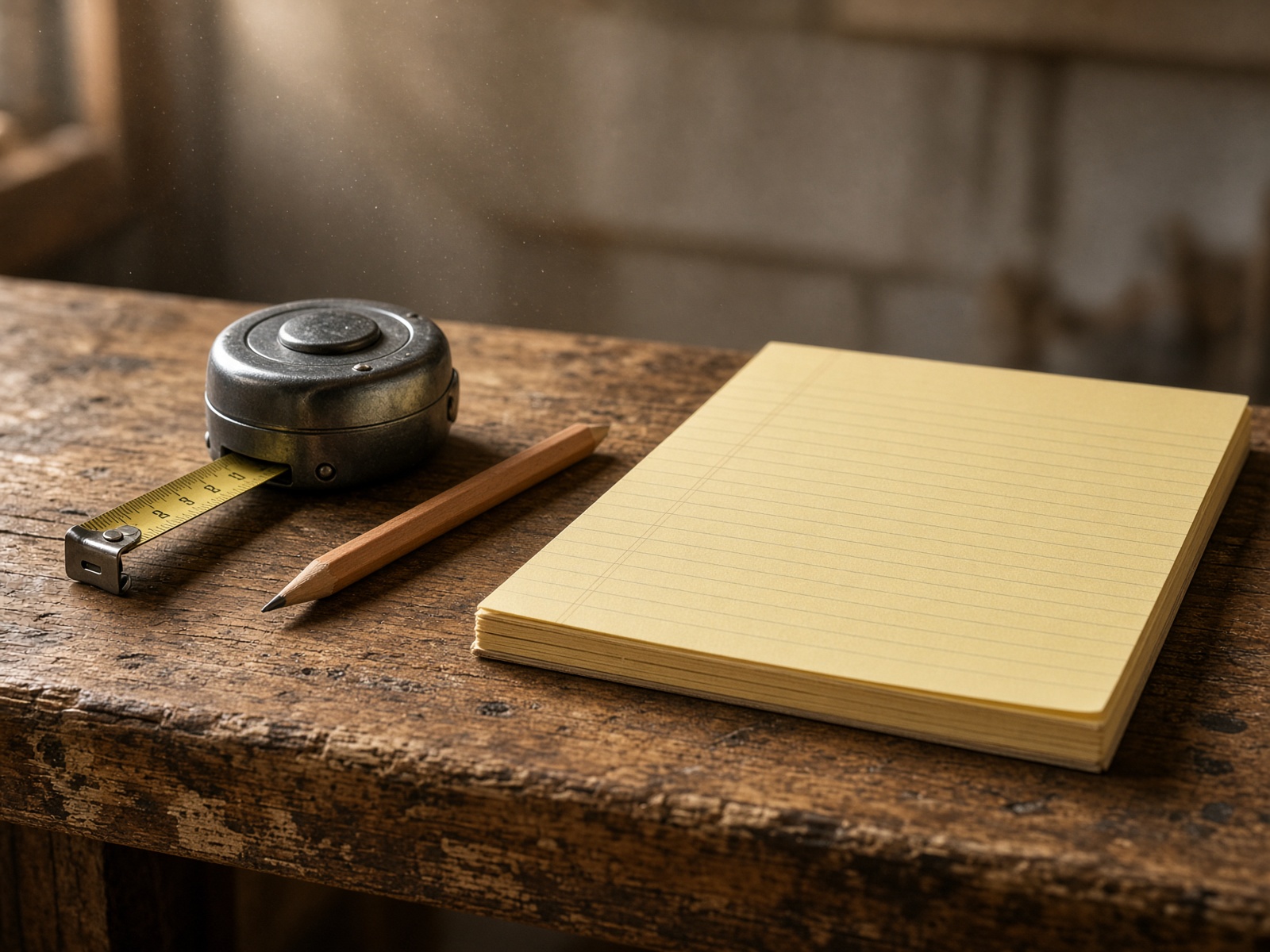A steel tape measure, pencil, and yellow legal pad on a worn oak workbench.