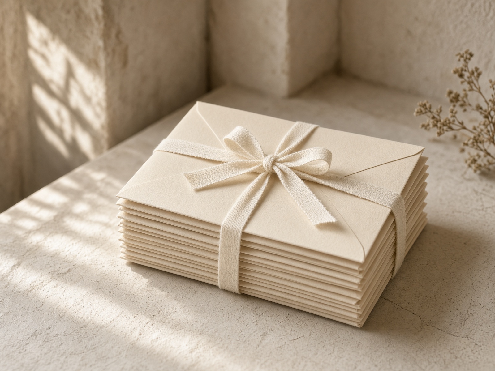 A stack of cream envelopes bound with a cotton ribbon on a plaster table.