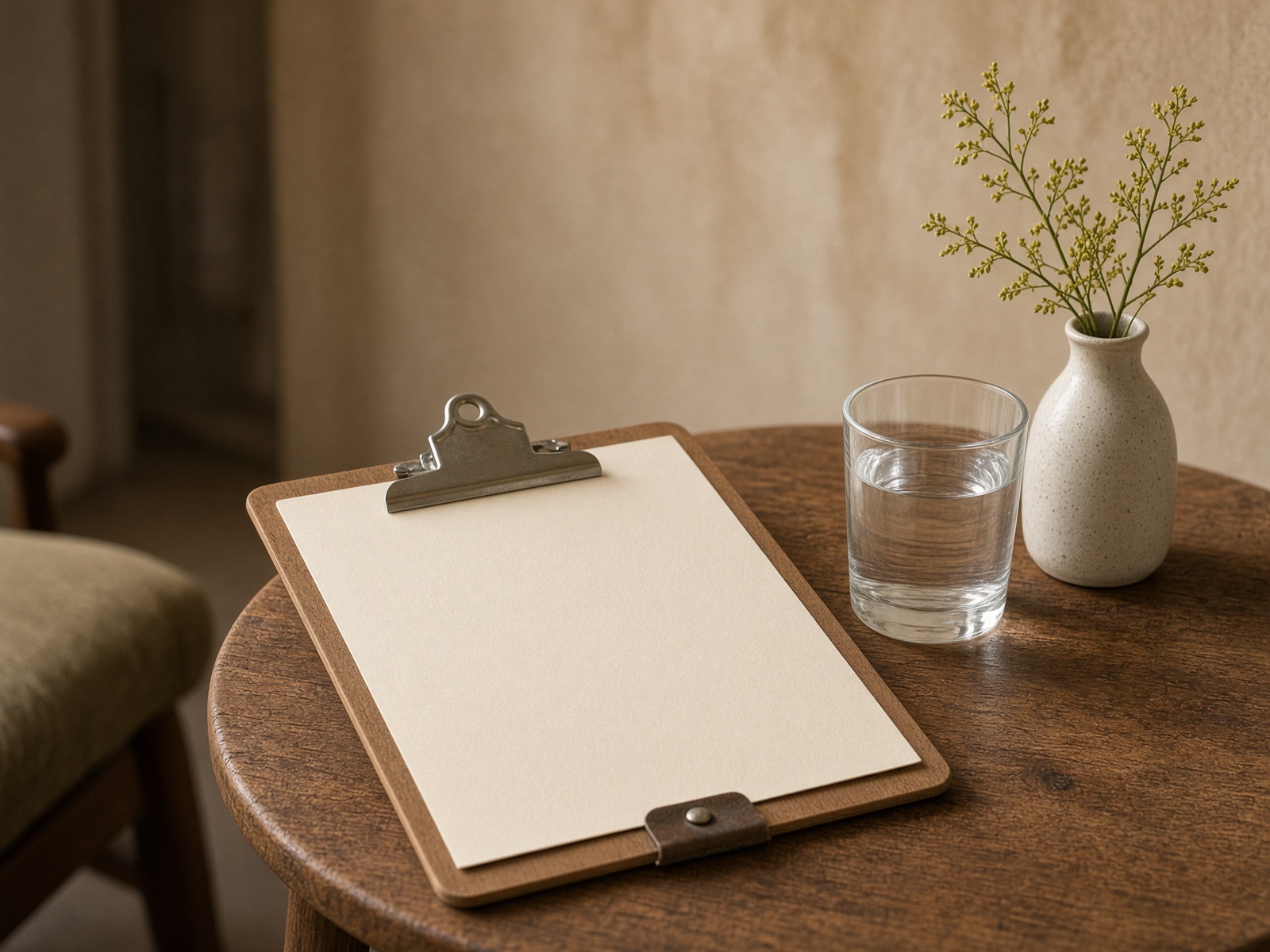 A wooden clipboard and a glass of water on a waiting-room side table.