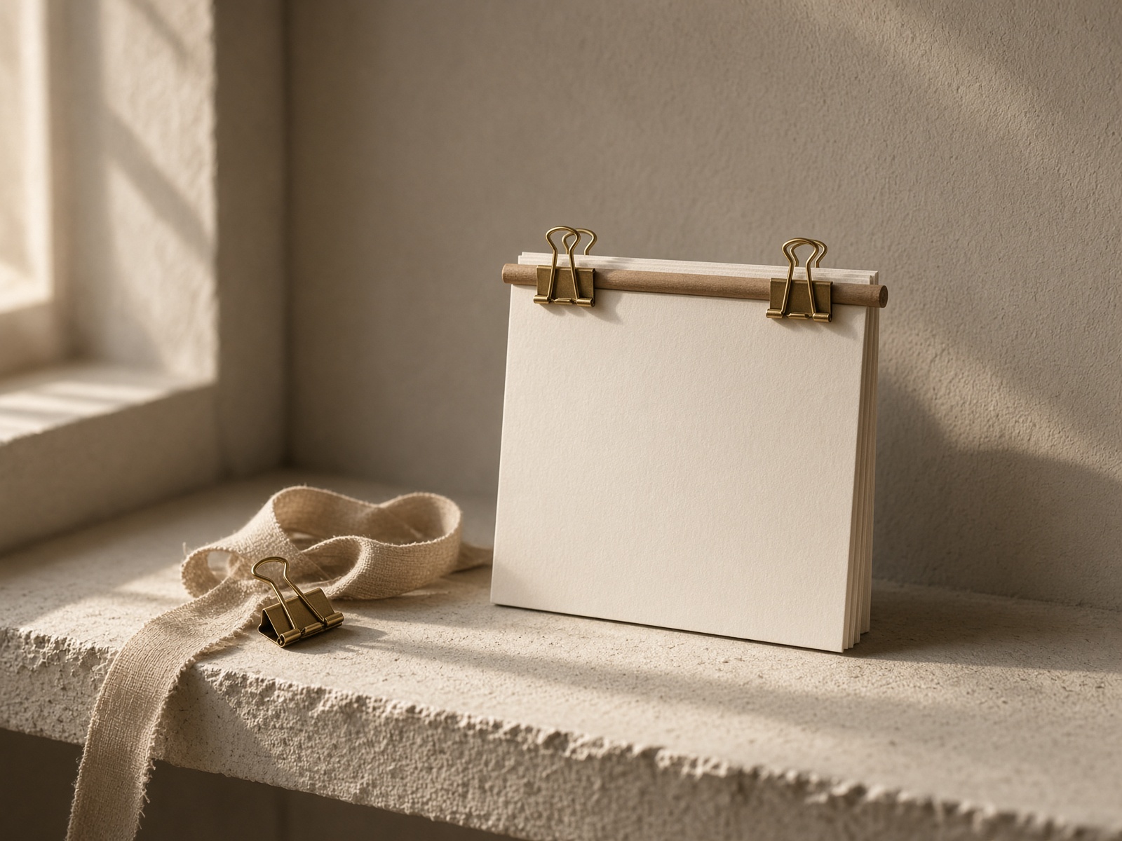 A small blank calendar, brass clips, and a linen ribbon on a plaster shelf.